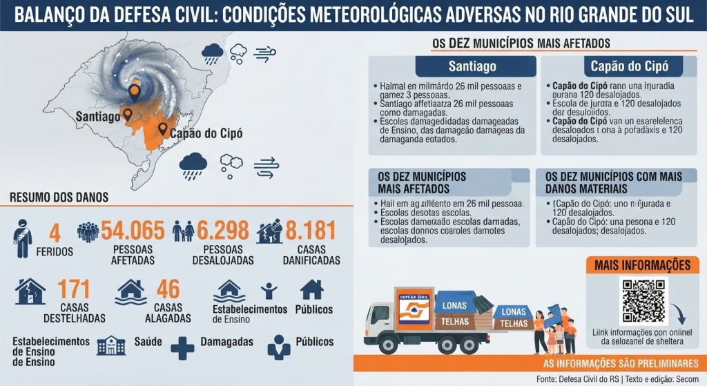 Evento meteorológico afetou mais de 54 mil pessoas no RS, aponta novo balanço da Defesa Civil
