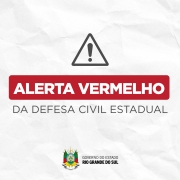 Card em fundo branco com textura que lembra papel amassado. No centro superior, há um ícone de alerta: um triângulo cinza com um ponto de exclamação no interior. Logo abaixo, em destaque, uma faixa retangular vermelha traz, em letras brancas e maiúsculas, a frase "ALERTA VERMELHO". Abaixo da faixa, em letras cinza, lê-se "DA DEFESA CIVIL ESTADUAL". Na parte inferior do card aparecem o brasão do Estado do Rio Grande do Sul e a inscrição "Governo do Estado – Rio Grande do Sul".
