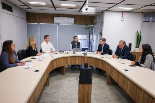Foto mostra o titular da Sehab e o presidente da Emater, sentados numa mesa de reunião ao lado de outros integrantes.